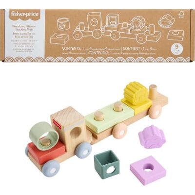 Fisher Price Train empilable, kit de poussée pour les activités motrices avec 9 pièces en bois et silicone, comprend un train avec roues mobiles, 4 blocs et 4 formes, 9+ mois, JKH08 Fisher Price Train empilable, kit de poussée pour les activités motrices avec 9 pièces en bois et silicone, comprend un train avec roues mobiles, 4 blocs et 4 formes, 9+ mois, JKH08