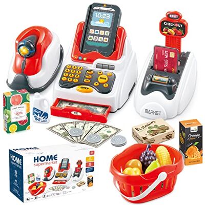 yoliyogo Jouets Supermarché Jeux de Commerçant avec Lecteurs de Cartes Caisse Enregistreuse Scanners pour Produits et Modèles d’Aliments Fruits 33pcs Éducatif Jouet pour Enfants yoliyogo Jouets Supermarché Jeux de Commerçant avec Lecteurs de Cartes Caisse Enregistreuse Scanners pour Produits et Modèles d’Aliments Fruits 33pcs Éducatif Jouet pour Enfants
