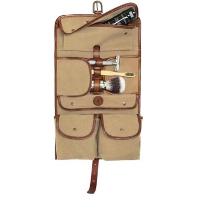 DRAKENSBERG Trousse de toilette à suspendre pour homme « Sid » – Trousse de toilette vintage pliable en toile et cuir – Nombreux compartiments – Durable, kaki-beige, Trousse de toilette DRAKENSBERG Trousse de toilette à suspendre pour homme « Sid » – Trousse de toilette vintage pliable en toile et cuir – Nombreux compartiments – Durable, kaki-beige, Trousse de toilette