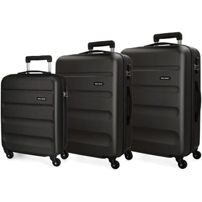 ROLL ROAD Flex Valise rigide fabriquée en ABS, un matériau, fermeture à combinaison latérale, 4 roues doubles, bagage main, intérieur pratique avec un compartiment, Noir, 55/65/75 cms, Lot de 3 ROLL ROAD Flex Valise rigide fabriquée en ABS, un matériau, fermeture à combinaison latérale, 4 roues doubles, bagage main, intérieur pratique avec un compartiment, Noir, 55/65/75 cms, Lot de 3