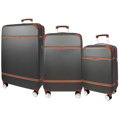 A1 FASHION GOODS Valise rigide extensible et légère à 4 roues de style vintage Gris Grand, Gris foncé avec bordure marron, Set x3, Valise A1 FASHION GOODS Valise rigide extensible et légère à 4 roues de style vintage Gris Grand, Gris foncé avec bordure marron, Set x3, Valise