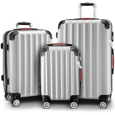 Monzana ® Lot de 3 valises de voyage, organiseur de vêtements, balance de bagages, sangle poignées en gel, roues rigides M-L-XL, argent, Small, Medium, Large Monzana ® Lot de 3 valises de voyage, organiseur de vêtements, balance de bagages, sangle poignées en gel, roues rigides M-L-XL, argent, Small, Medium, Large