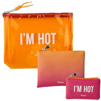Fisura Set de 3 trousses originales “I’m hot”, trousse de maquillage, pochette pour médicaments et petit porte-monnaie, accessoires de plage en PVC et PU, organisateur de sac pratique et résistant Fisura Set de 3 trousses originales “I’m hot”, trousse de maquillage, pochette pour médicaments et petit porte-monnaie, accessoires de plage en PVC et PU, organisateur de sac pratique et résistant