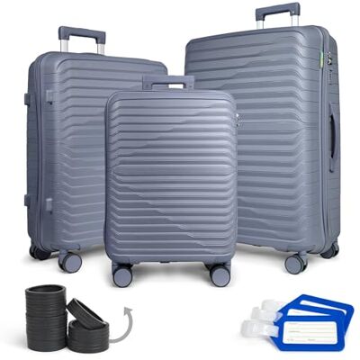 KINSTON Set de 3 Valises de Voyage Grande Taille, Moyenne et Cabine En Polypropylène avec Roulettes Pivotantes 360°, Protège-Roues, Porte-Étiquette, Cadenas et Poignée Télescopique KINSTON Set de 3 Valises de Voyage Grande Taille, Moyenne et Cabine En Polypropylène avec Roulettes Pivotantes 360°, Protège-Roues, Porte-Étiquette, Cadenas et Poignée Télescopique