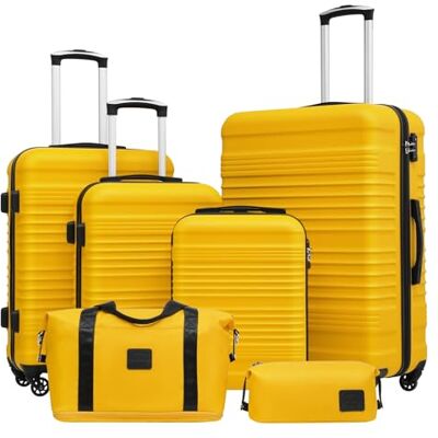 Coolife Lot de valises à roulettes Valise rigide en ABS 4 roulettes Serrure TSA Chariot rétractable La valise contient 1 sac de voyage et 1 trousse de toilette, jaune/noir, Koffer-Set 6tlg Coolife Lot de valises à roulettes Valise rigide en ABS 4 roulettes Serrure TSA Chariot rétractable La valise contient 1 sac de voyage et 1 trousse de toilette, jaune/noir, Koffer-Set 6tlg