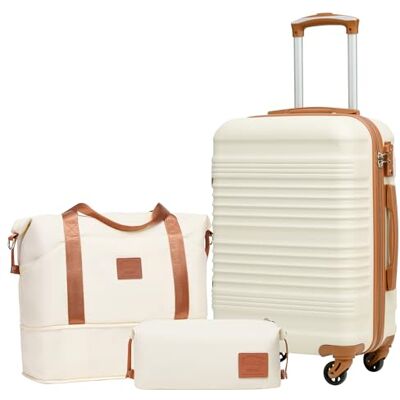 Coolife Lot de 6 valises rigides avec sac de voyage extensible pour salle de sport et sac de toilette, valise avec 4 roulettes pivotantes 360° et TSA, Blanc et marron., 20", Moderne Coolife Lot de 6 valises rigides avec sac de voyage extensible pour salle de sport et sac de toilette, valise avec 4 roulettes pivotantes 360° et TSA, Blanc et marron., 20", Moderne