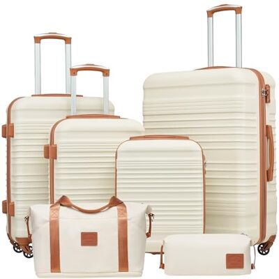 Coolife Ensemble de valises à roulettes à coque rigide en ABS 4 roulettes Serrure TSA Trolley rétractable La valise contient 1 sac de voyage et 1 trousse de toilette, blanc/marron, Koffer-Set Coolife Ensemble de valises à roulettes à coque rigide en ABS 4 roulettes Serrure TSA Trolley rétractable La valise contient 1 sac de voyage et 1 trousse de toilette, blanc/marron, Koffer-Set