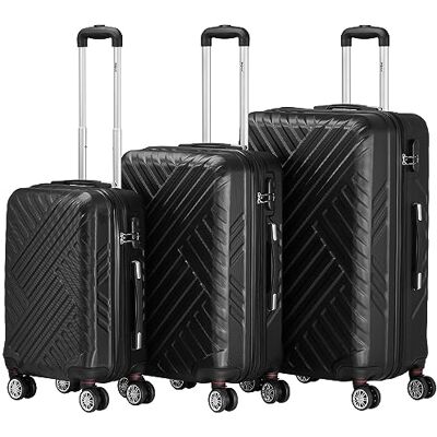 Zelsius Lot de 3 valises rigides en ABS avec serrure à combinaison, doubles roulettes et cloison intérieure Valise rigide 3 pièces, Noir , Ensemble de valises Zelsius Lot de 3 valises rigides en ABS avec serrure à combinaison, doubles roulettes et cloison intérieure Valise rigide 3 pièces, Noir , Ensemble de valises