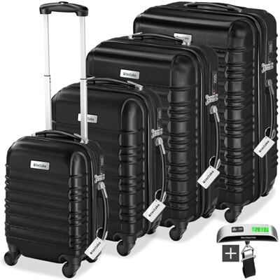 tectake ® Ensemble de 4 valises rigides à roulettes, en ABS, avec poignée télescopique et serrure, comprenant un pèse-bagages, tailles S-M-L-XL Noir tectake ® Ensemble de 4 valises rigides à roulettes, en ABS, avec poignée télescopique et serrure, comprenant un pèse-bagages, tailles S-M-L-XL Noir
