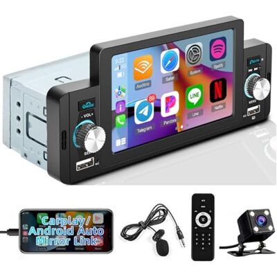 Hikity 1 Din radio auto Carplay Android Auto écran tactile 5 pouces, écran Bluetooth mains libres radio avec Mirror Link, FM, caméra de recul, micro Hikity 1 Din radio auto Carplay Android Auto écran tactile 5 pouces, écran Bluetooth mains libres radio avec Mirror Link, FM, caméra de recul, micro