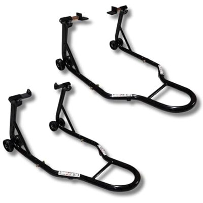 CRUIZER Béquille avant moto avec fixations cônes + béquille arrière avec plaques réglables avec roulettes inférieures barres latérales renforts latéraux charge maximale 600kg CRUIZER Béquille avant moto avec fixations cônes + béquille arrière avec plaques réglables avec roulettes inférieures barres latérales renforts latéraux charge maximale 600kg