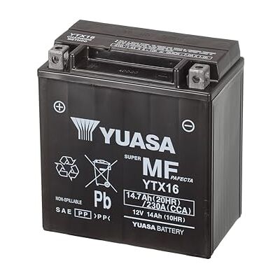 Yuasa YTX16-BS Batterie de moto VRLA sans entretien 12 V 230 CCA Capacité de 14,7 Ah, 5,3 kg, résistance améliorée aux vibrations et à la corrosion, idéal pour les motos et VTT Yuasa YTX16-BS Batterie de moto VRLA sans entretien 12 V 230 CCA Capacité de 14,7 Ah, 5,3 kg, résistance améliorée aux vibrations et à la corrosion, idéal pour les motos et VTT