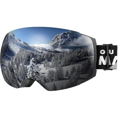 OutdoorMaster Pro A0 Masque de ski et snowboard sans monture, avec verre de protection interchangeable UV400, unisexe, cadre noir/verre argenté Revo avec VLT de 10 %) OutdoorMaster Pro A0 Masque de ski et snowboard sans monture, avec verre de protection interchangeable UV400, unisexe, cadre noir/verre argenté Revo avec VLT de 10 %)