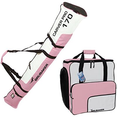 BRUBAKER Set Sac de Ski et Sac à Chaussures pour 1 Paire Jusqu'à 170 cm + Bâtons + Chaussures + Casque Rose/Blanc BRUBAKER Set Sac de Ski et Sac à Chaussures pour 1 Paire Jusqu'à 170 cm + Bâtons + Chaussures + Casque Rose/Blanc