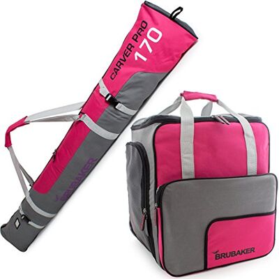 BRUBAKER Série limitée Sac à Chaussures de Ski 'Super Function 2.0' et Housse à Skis 'Carver Pro 2.0' pour 1 Paire de Skis + Bâtons + Chaussures + Casque 170 cm ou 190 cm Fuchsia/Gris BRUBAKER Série limitée Sac à Chaussures de Ski 'Super Function 2.0' et Housse à Skis 'Carver Pro 2.0' pour 1 Paire de Skis + Bâtons + Chaussures + Casque 170 cm ou 190 cm Fuchsia/Gris