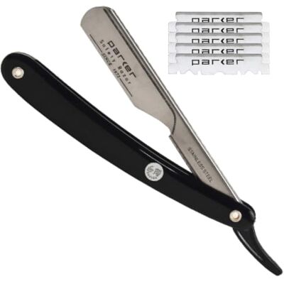Rasoir droit professionnel Parker PTB à lames interchangeables – Conception tout inox à mécanisme de poussée + 5 demi-lames Parker Platinum – Rasoir de qualité barbier pour un rasage de précision et l Rasoir droit professionnel Parker PTB à lames interchangeables – Conception tout inox à mécanisme de poussée + 5 demi-lames Parker Platinum – Rasoir de qualité barbier pour un rasage de précision et l