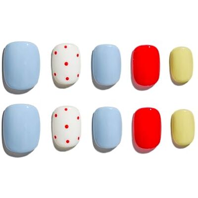 Sun Lot de 10 faux ongles courts et ronds faits à la main Motif : pois bleus jaunes rouges blancs Design minimaliste et léger Avec pastilles adhésives #177 L Sun Lot de 10 faux ongles courts et ronds faits à la main Motif : pois bleus jaunes rouges blancs Design minimaliste et léger Avec pastilles adhésives #177 L