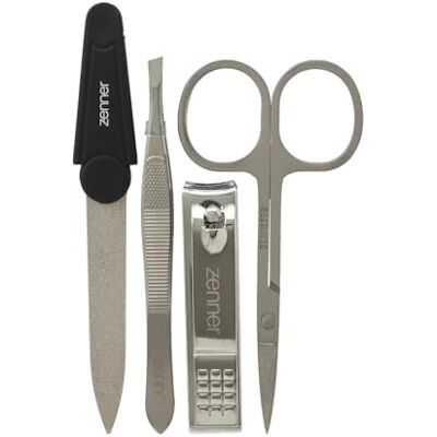 Zenner Kit de Manucure 4 Outils en Acier Inoxydable avec Étui de Voyage Nécessaire de toilette avec ciseaux, coupe-ongles, pince à épiler et lime saphir pour un soin des mains précis. Zenner Kit de Manucure 4 Outils en Acier Inoxydable avec Étui de Voyage Nécessaire de toilette avec ciseaux, coupe-ongles, pince à épiler et lime saphir pour un soin des mains précis.