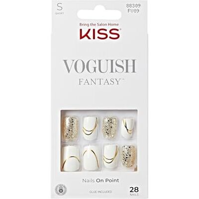 Kiss Voguish Fantasy Lot de 28 faux ongles courts « Glam and Glow » blanc doré pailleté Qualité salon à coller 2 g de colle à ongles, 1 bâton de manucure, 1 mini lime Kiss Voguish Fantasy Lot de 28 faux ongles courts « Glam and Glow » blanc doré pailleté Qualité salon à coller 2 g de colle à ongles, 1 bâton de manucure, 1 mini lime