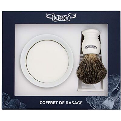PLISSON Coffret Rasage Blaireau Blanc Nacré en Poil Naturel Gris Taille 12 Support Bol Savon PLISSON Coffret Rasage Blaireau Blanc Nacré en Poil Naturel Gris Taille 12 Support Bol Savon