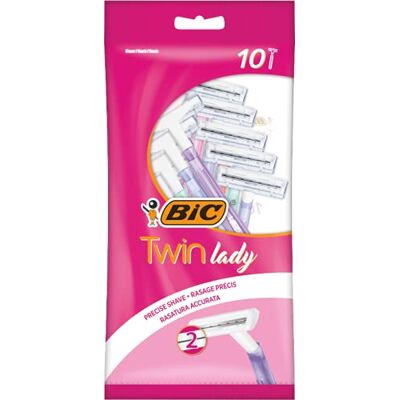 BIC Twin Lady Rasoirs Jetables pour Femme dotés de Deux Lames en Acier Inoxydable de Qualité Supérieure, d’une Tête Étroite Précise et d’un Manche Léger Coloré Pochette de 10 BIC Twin Lady Rasoirs Jetables pour Femme dotés de Deux Lames en Acier Inoxydable de Qualité Supérieure, d’une Tête Étroite Précise et d’un Manche Léger Coloré Pochette de 10