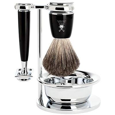 MÜHLE Rytmo Kit de rasage avec blaireau en poils de blaireau et support Manche en résine précieuse noire et accents métalliques MÜHLE Rytmo Kit de rasage avec blaireau en poils de blaireau et support Manche en résine précieuse noire et accents métalliques