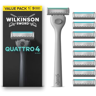 Wilkinson Sword Quattro manche de rasoir pour homme, 9 recharges de lames 4 lames revêtement diamant, technologie de grille de protection pour moins d'irritations, manche antidérapant, pour homme Wilkinson Sword Quattro manche de rasoir pour homme, 9 recharges de lames 4 lames revêtement diamant, technologie de grille de protection pour moins d'irritations, manche antidérapant, pour homme
