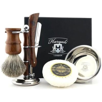 Haryali London Kit de rasage classique, kit de toilettage pour homme, rasoir pour la gorge, blaireau, support de rasage, bol de rasage pour rasage humide, kit de rasage vintage en bois, marron Haryali London Kit de rasage classique, kit de toilettage pour homme, rasoir pour la gorge, blaireau, support de rasage, bol de rasage pour rasage humide, kit de rasage vintage en bois, marron