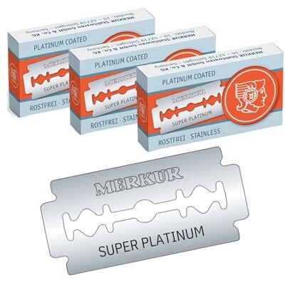 MERKUR Lot de 30 lames de rasoir en acier inoxydable Super Platinum 910 Convient pour les rasoirs traditionnels Lames de rasoir double face avec revêtement platine et téflon Acier inoxydable MERKUR Lot de 30 lames de rasoir en acier inoxydable Super Platinum 910 Convient pour les rasoirs traditionnels Lames de rasoir double face avec revêtement platine et téflon Acier inoxydable