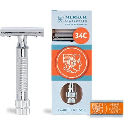 MERKUR 34C Rasoir de sûreté – Finition chrome brillant, manche court et lourd, conception en deux pièces, peigne fermé, rasage durable – Fabriqué en Allemagne MERKUR 34C Rasoir de sûreté – Finition chrome brillant, manche court et lourd, conception en deux pièces, peigne fermé, rasage durable – Fabriqué en Allemagne