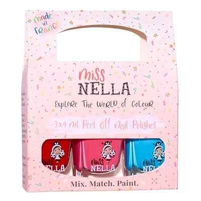 MISS NELLA Girl Power Lot de 3 vernis à ongles pelables sans odeur à base d'eau et sans danger pour les enfants, rose, bleu et rose foncé MISS NELLA Girl Power Lot de 3 vernis à ongles pelables sans odeur à base d'eau et sans danger pour les enfants, rose, bleu et rose foncé
