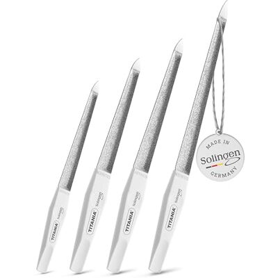 TITANIA ® Solingen Lot de 4 limes à ongles saphir doublement courbées (12/15/17/20 cm) – Limes professionnelles avec manche blanc – S’adapte à la forme naturelle de l’ongle – Pour manucure et pédicure TITANIA ® Solingen Lot de 4 limes à ongles saphir doublement courbées (12/15/17/20 cm) – Limes professionnelles avec manche blanc – S’adapte à la forme naturelle de l’ongle – Pour manucure et pédicure