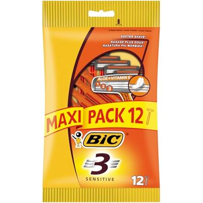 BIC 3 Sensitive Rasoirs Jetables Homme avec Technologie 3 Lames pour un Rasage de Près Confortable- Pochette de 12 BIC 3 Sensitive Rasoirs Jetables Homme avec Technologie 3 Lames pour un Rasage de Près Confortable- Pochette de 12
