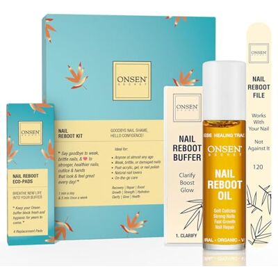 ONSEN Secret Japanese Nail Reboot Cuticle Oil Kit Nail Buffer and Shine Kit w/Professional Nail File, 3-Way Buffer Block & Free Replacement Pads Nail Strengthening Combo for Healthy Nails, 1pk ONSEN Secret Japanese Nail Reboot Cuticle Oil Kit Nail Buffer and Shine Kit w/Professional Nail File, 3-Way Buffer Block & Free Replacement Pads Nail Strengthening Combo for Healthy Nails, 1pk