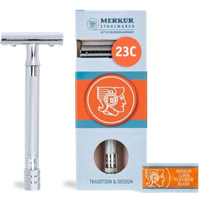 MERKUR 23C Rasoir de sûreté – Finition chrome brillant, long manche, conception en trois pièces, peigne fermé, rasage humide traditionnel – Fabriqué en Allemagne MERKUR 23C Rasoir de sûreté – Finition chrome brillant, long manche, conception en trois pièces, peigne fermé, rasage humide traditionnel – Fabriqué en Allemagne