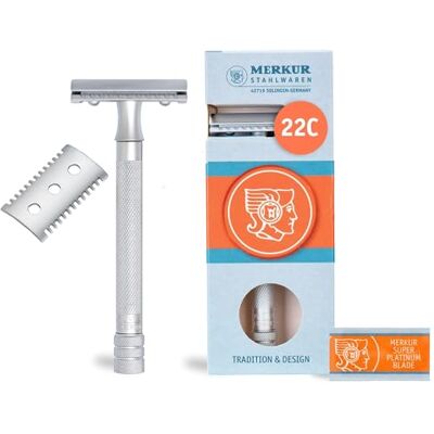 MERKUR Rasoir de sécurité 22C Ensemble Premium avec peigne ouvert et fermé Finition chromée mate satinée Rasoir 3 pièces avec coupe droite Idéal pour le rasage humide Zinc moulé sous MERKUR Rasoir de sécurité 22C Ensemble Premium avec peigne ouvert et fermé Finition chromée mate satinée Rasoir 3 pièces avec coupe droite Idéal pour le rasage humide Zinc moulé sous