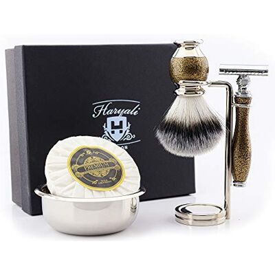 Haryali London Kit de rasage classique 5 pièces pour homme Aspect doré antique avec rasoir de sécurité allemand avec poils de blaireau synthétiques, support en acier inoxydable, bol et savon Haryali London Kit de rasage classique 5 pièces pour homme Aspect doré antique avec rasoir de sécurité allemand avec poils de blaireau synthétiques, support en acier inoxydable, bol et savon