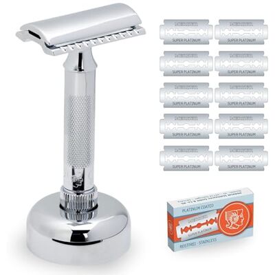 MERKUR 34C Ensemble de rasoirs de sécurité avec rasoir de qualité supérieure, support de rasoir et 11 lames platine, chrome brillant, peigne fermé, idéal pour rasage humide, fabriqué en Allemagne MERKUR 34C Ensemble de rasoirs de sécurité avec rasoir de qualité supérieure, support de rasoir et 11 lames platine, chrome brillant, peigne fermé, idéal pour rasage humide, fabriqué en Allemagne