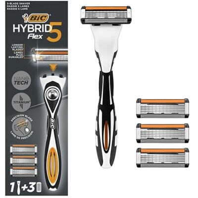 BIC Hybrid 5 Flex Rasoir Rechargeable pour Homme Manche et Recharges 5 Lames en Nanotech Titane Boîte de 1+3 BIC Hybrid 5 Flex Rasoir Rechargeable pour Homme Manche et Recharges 5 Lames en Nanotech Titane Boîte de 1+3