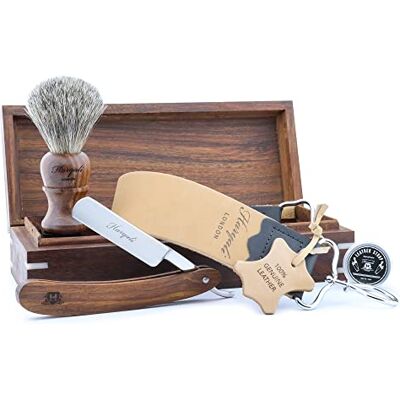 Haryali London Kit de rasage durable 5 pièces Rasoir Super blaireau de rasage Cuir à aiguiser Pâte à polir Cuir à aiguiser Coffret en bois Haryali London Kit de rasage durable 5 pièces Rasoir Super blaireau de rasage Cuir à aiguiser Pâte à polir Cuir à aiguiser Coffret en bois