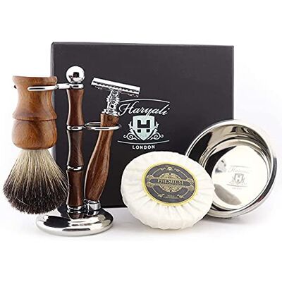 Haryali London Kit de rasage Kit de rasage en bois 5 pièces Rasoir de sécurité double tranchant Blaireau de rasage Super Badger Savon à raser Bol de rasage Support de rasage Set de Haryali London Kit de rasage Kit de rasage en bois 5 pièces Rasoir de sécurité double tranchant Blaireau de rasage Super Badger Savon à raser Bol de rasage Support de rasage Set de