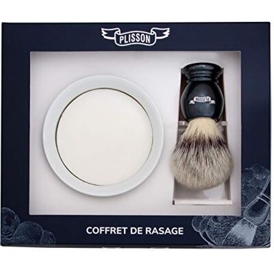 PLISSON Coffret Rasage Blaireau Gris Nacré en Fibre Blanche Taille 12 Support Bol Savon PLISSON Coffret Rasage Blaireau Gris Nacré en Fibre Blanche Taille 12 Support Bol Savon