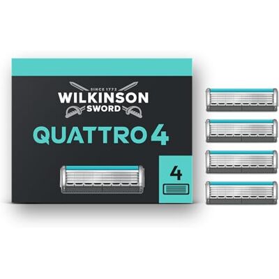 Wilkinson Sword Quattro recharges de lames pour homme, lot de 4 4 lames revêtement diamant, technologie de grille de protection pour moins d'irritations, manche antidérapant, pour homme Wilkinson Sword Quattro recharges de lames pour homme, lot de 4 4 lames revêtement diamant, technologie de grille de protection pour moins d'irritations, manche antidérapant, pour homme