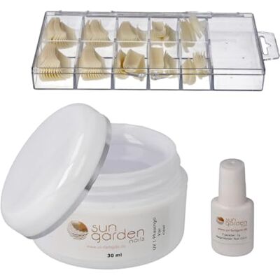 Sun Gel Monophase Transparent 30 ml + Boîte de 100 Faux Ongles + Colle à Ongles 7 ml Sun Gel Monophase Transparent 30 ml + Boîte de 100 Faux Ongles + Colle à Ongles 7 ml