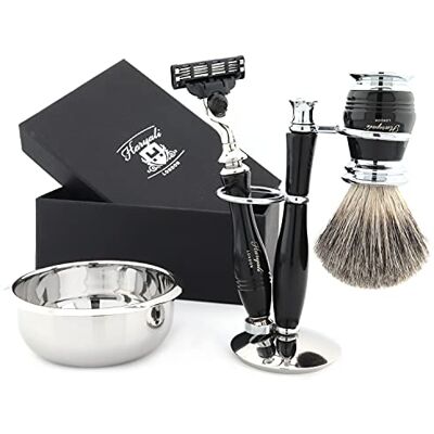 Haryali London Lot de 4 brosses à raser blaireau 3 cartouches de rasoir, bol à raser et support traditionnel kit de rasage pour homme Haryali London Lot de 4 brosses à raser blaireau 3 cartouches de rasoir, bol à raser et support traditionnel kit de rasage pour homme
