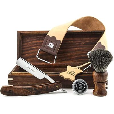 Haryali London Coffret en bois avec accessoires de rasage (rasoir, blaireau de rasage, courroie d'affûtage, pâte à poncer), ensemble de luxe 5 pièces. Haryali London Coffret en bois avec accessoires de rasage (rasoir, blaireau de rasage, courroie d'affûtage, pâte à poncer), ensemble de luxe 5 pièces.