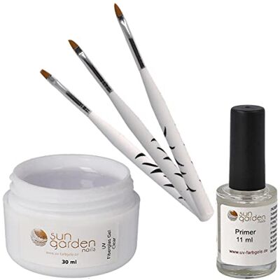 Sun Gel UV fibre de verre CLAIR 30 ml INCL. ENSEMBLE DE BROSSES ET D'APPRÊT Gel adhésif de gel d'accumulation Sun Gel UV fibre de verre CLAIR 30 ml INCL. ENSEMBLE DE BROSSES ET D'APPRÊT Gel adhésif de gel d'accumulation