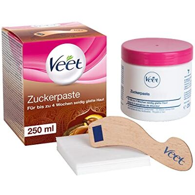 Veet Pâte à sucre pure au parfum de fleur de vanille Pâte à sucre pour épilation du corps et du visage 1 x 250 ml avec spatule en bois et bandes de tissu Veet Pâte à sucre pure au parfum de fleur de vanille Pâte à sucre pour épilation du corps et du visage 1 x 250 ml avec spatule en bois et bandes de tissu