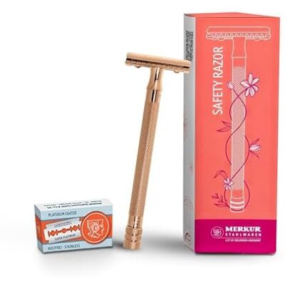 MERKUR 24G Rasoir de sécurité pour femme Avec 10 lames de rasoir de qualité supérieure Manche extra long Rasoir en trois parties Coupe droite Or rose Fabriqué en Allemagne MERKUR 24G Rasoir de sécurité pour femme Avec 10 lames de rasoir de qualité supérieure Manche extra long Rasoir en trois parties Coupe droite Or rose Fabriqué en Allemagne