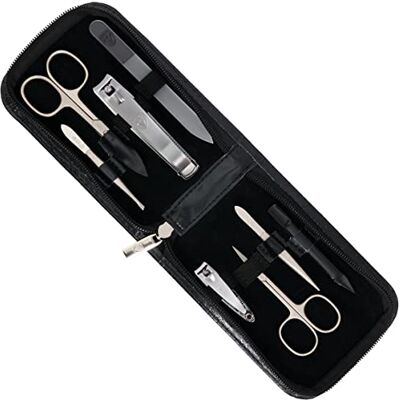 Drei Schwerter Germany Novara Set de 8 accessoires de manucure en cuir synthétique noir comprenant : ciseaux à ongles, lime à ongles en verre, ciseaux à cuticules, pince à épiler, coupe-ongles et bien Drei Schwerter Germany Novara Set de 8 accessoires de manucure en cuir synthétique noir comprenant : ciseaux à ongles, lime à ongles en verre, ciseaux à cuticules, pince à épiler, coupe-ongles et bien